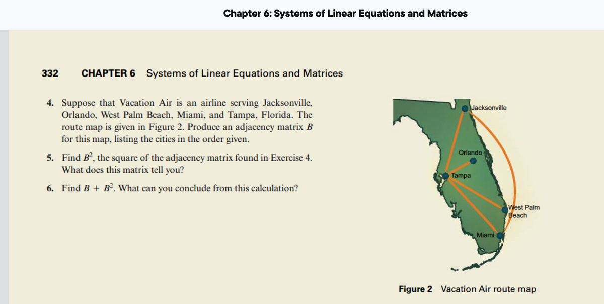 332
Chapter 6: Systems of Linear Equations and Matrices
CHAPTER 6 Systems of Linear Equations and Matrices
4. Suppose that Vacation Air is an airline serving Jacksonville,
Orlando, West Palm Beach, Miami, and Tampa, Florida. The
route map is given in Figure 2. Produce an adjacency matrix B
for this map, listing the cities in the order given.
5. Find B², the square of the adjacency matrix found in Exercise 4.
What does this matrix tell you?
6. Find B + B². What can you conclude from this calculation?
Jacksonville
Orlando
Tampa
Miami
West Palm
Beach
Figure 2 Vacation Air route map
