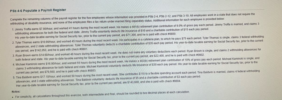 PSb 4-6 Populate a Payroll Register
Complete the remaining columns of the payroll register for the five employees whose information was provided in PSb 2-4, PSb 2-12, and PSb 3-10. All employees work in a state that does not require the
withholding of disability insurance, and none of the employees files a tax return under married filing separately status. Additional information for each employee is provided below.
1. Jimmy Troffa earns $7.80/hour, and worked 41 hours during the most recent week. He makes a 401(k) retirement plan contribution of 9.0% of gross pay each period. Jimmy Troffa is married, and claims 3
withholding allowances for both the federal and state. Jimmy Troffa voluntarily deducts life insurance of $10 and a charitable contribution of $15 each pay period.
His year-to-date taxable earning for Social Security tax, prior to the current pay period, are $71,300, and he is paid with check #0800.
2. Tyler Thomas earns $10.90/hour, and worked 45 hours during the most recent week. He participates in a cafeteria plan, to which he pays $75 each period. Tyler Thomas is single, claims 3 federal withholding
allowances, and 2 state withholding allowances. Tyler Thomas voluntarily deducts a charitable contribution of $35 each pay period. His year-to-date taxable earning for Social Security tax, prior to the current
pay period, are $142,050, and he is paid with check #0801.
3. Ryan Brown earns $14.60/hour, and worked 48 hours during the most recent week. He does not make any voluntary deductions each period. Ryan Brown is single, and claims 2 withholding allowances for
both federal and state. His year-to-date taxable earning for Social Security tax, prior to the current pay period, are $22,400, and he is paid with check #0802.
4. Michael Kaminski earns $16.00/hour, and worked 55 hours during the most recent week. He makes a 403(b) retirement plan contribution of 10% of gross pay each period. Michael Kaminski is single, and
claims 3 withholding allowance for both federal and state. Michael Kaminski voluntarily deducts life insurance of $30 each pay period. His year-to-date taxable earning for Social Security tax, prior to the
current pay period, are $79,560, and he is paid with check # 0803.
5. Tina Baldwin earns $17.10/hour, and worked 50 hours during the most recent week. She contributes $110 to a flexible spending account each period. Tina Baldwin is married, claims 4 federal withholding
allowances, and 3 state withholding allowances. Tina Baldwin voluntarily deducts life insurance of $5 and a charitable contribution of $3 each pay period.
Her year-to-date taxable earning for Social Security tax, prior to the current pay period, are $143,600, and she is paid with check #0804.
Notes:
. For simplicity, all calculations throughout this exercise, both intermediate and final, should be rounded to two decimal places at each calculation.