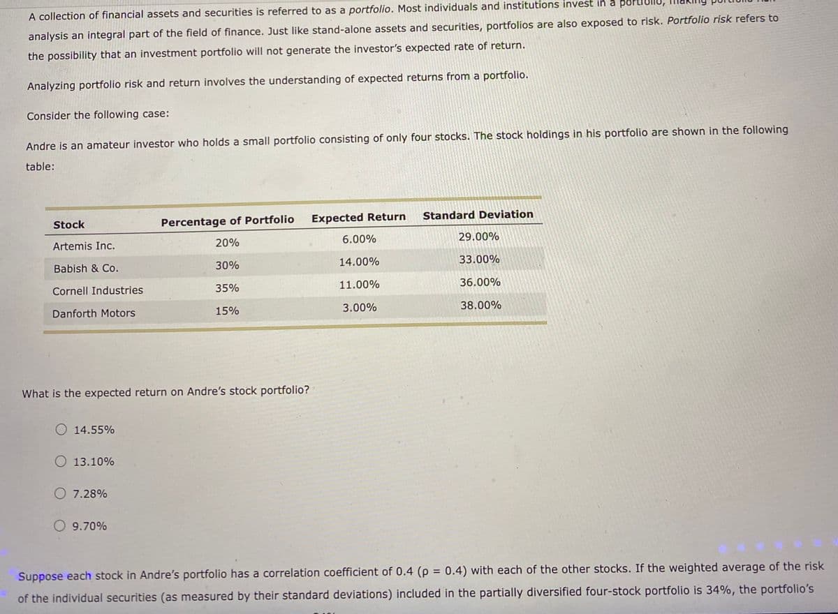 A collection of financial assets and securities is referred to as a portfolio. Most individuals and institutions invest in a portroll
analysis an integral part of the field of finance. Just like stand-alone assets and securities, portfolios are also exposed to risk. Portfolio risk refers to
the possibility that an investment portfolio will not generate the investor's expected rate of return.
Analyzing portfolio risk and return involves the understanding of expected returns from a portfolio.
Consider the following case:
Andre is an amateur investor who holds a small portfolio consisting of only four stocks. The stock holdings in his portfolio are shown in the following
table:
Stock
Artemis Inc.
Babish & Co.
Cornell Industries
Danforth Motors
What is the expected return on Andre's stock portfolio?
O 14.55%
O 13.10%
O 7.28%
Percentage of Portfolio Expected Return
20%
30%
35%
15%
O 9.70%
6.00%
14.00%
11.00%
3.00%
Standard Deviation
29.00%
33.00%
36.00%
38.00%
Suppose each stock in Andre's portfolio has a correlation coefficient of 0.4 (p = 0.4) with each of the other stocks. If the weighted average of the risk
of the individual securities (as measured by their standard deviations) included in the partially diversified four-stock portfolio is 34%, the portfolio's