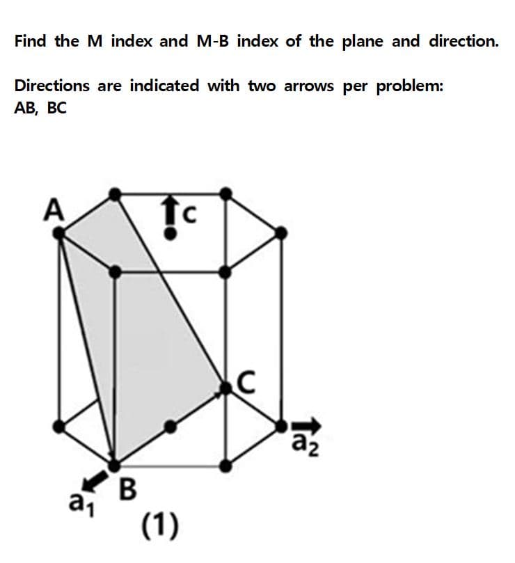 Find the M index and M-B index of the plane and direction.
Directions are indicated with two arrows per problem:
AB, BC
A
a₁
B
(1)
C
C
a2