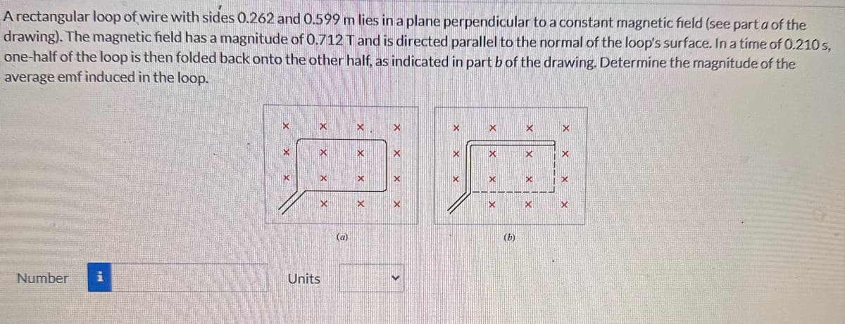 A rectangular loop of wire with sides 0.262 and 0.599 m lies in a plane perpendicular to a constant magnetic field (see part a of the
drawing). The magnetic field has a magnitude of 0.712 T and is directed parallel to the normal of the loop's surface. In a time of 0.210s,
one-half of the loop is then folded back onto the other half, as indicated in part b of the drawing. Determine the magnitude of the
average emf induced in the loop.
Number
Units
D
×
X
X
X
×
X
X
×
x
X
X
X
x
Xx
X
×
x
(a)
×
×
X
(b)