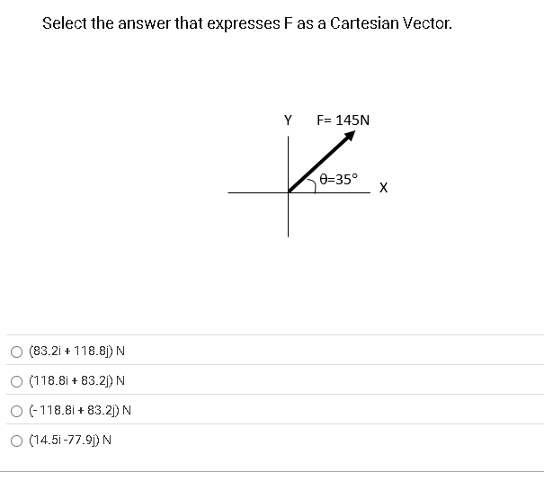 Select the answer that expresses F as a Cartesian Vector.
(83.21 + 118.8j) N
O (118.8i + 83.2j) N
O (-118.81 +83.2j) N
O (14.51-77.9j) N
Y
F= 145N
Z
0=35°
X