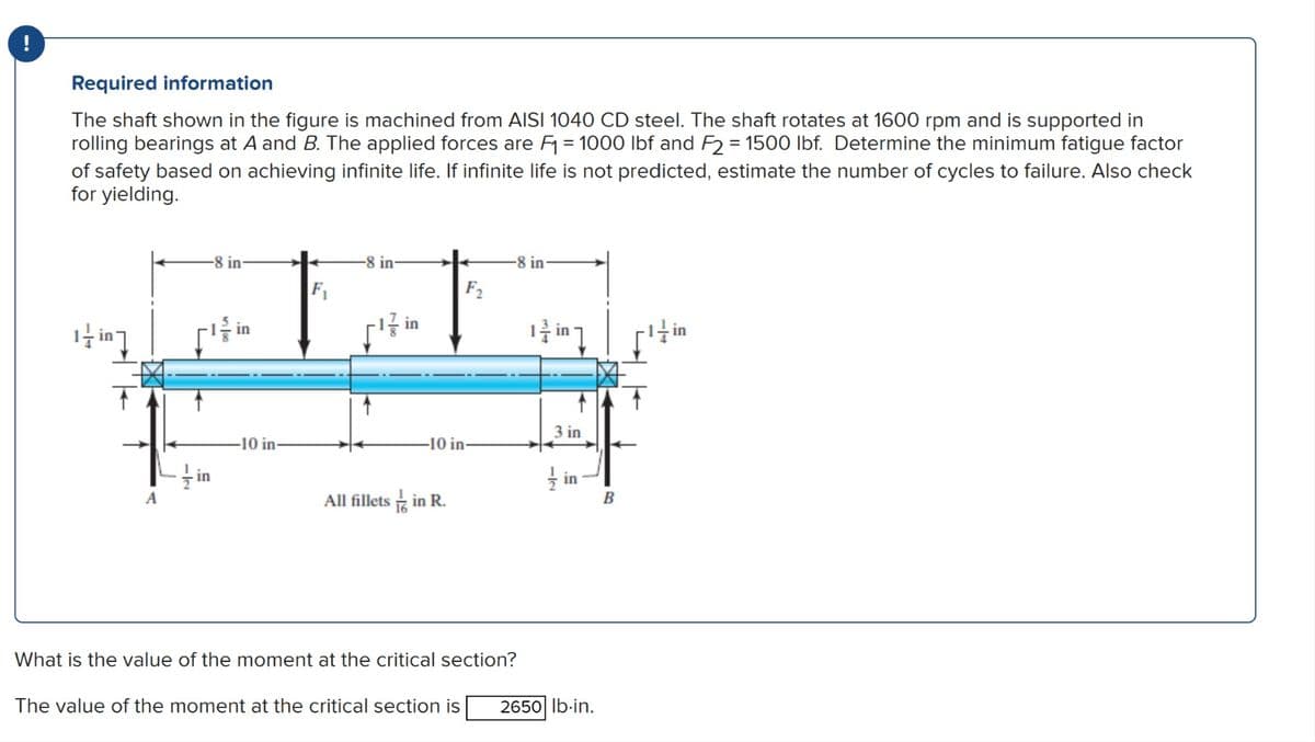 Required information
The shaft shown in the figure is machined from AISI 1040 CD steel. The shaft rotates at 1600 rpm and is supported in
rolling bearings at A and B. The applied forces are F₁ = 1000 lbf and F2 = 1500 lbf. Determine the minimum fatigue factor
of safety based on achieving infinite life. If infinite life is not predicted, estimate the number of cycles to failure. Also check
for yielding.
¹-in-
-8 in-
in
-10 in-
-8 in-
in
F₂
-10 in
All fillets in R.
-8 in
12 in
3 in
-lo
in
What is the value of the moment at the critical section?
The value of the moment at the critical section is 2650 lb-in.
B