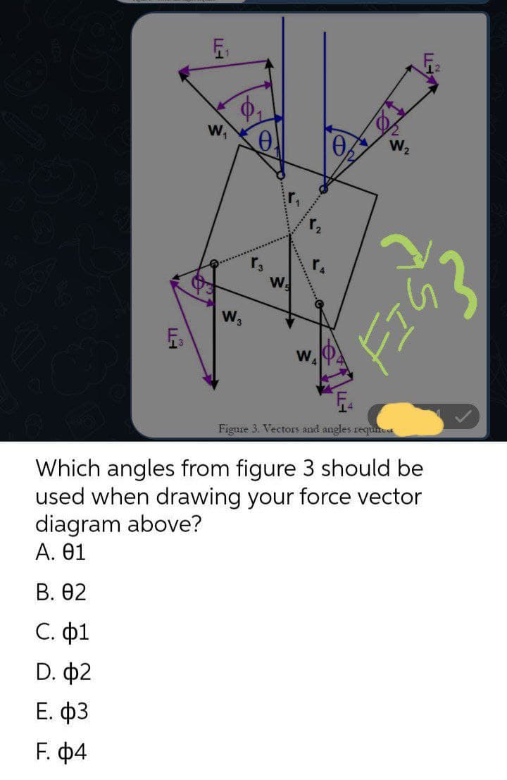 W2
W.
W3
W
Figure 3. Vectors and angles requite
Which angles from figure 3 should be
used when drawing your force vector
diagram above?
A. θ1
В. 02
С. ф1
D. 02
Е. фЗ
F. ф4
