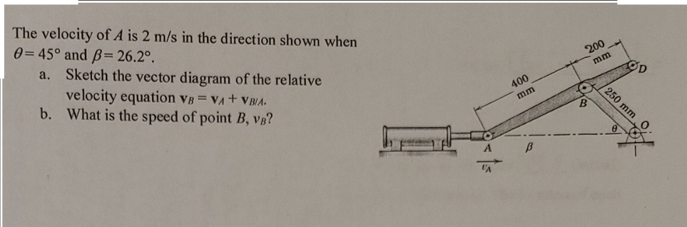 The velocity of A is 2 m/s in the direction shown when
0=45° and B= 26.2°.
a. Sketch the vector diagram of the relative
velocity equation VB = VA + VB/A.
What is the speed of point B, VB?
b.
VA
400
mm
B
200
mm
{•
B
250 mm
OD