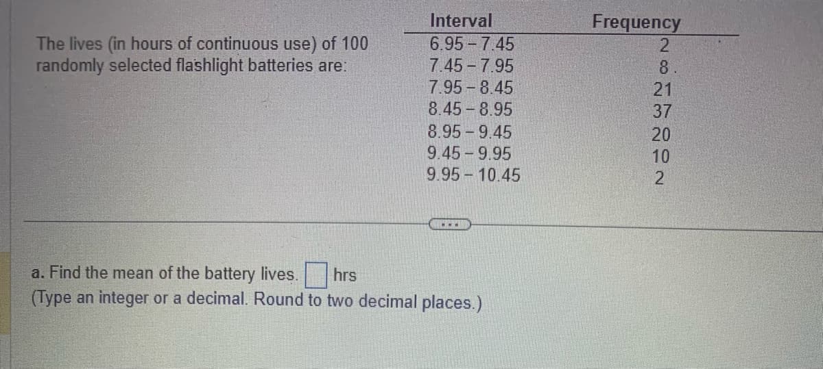 The lives (in hours of continuous use) of 100
randomly selected flashlight batteries are:
Interval
6.95-7.45
7.45-7.95
7.95 8.45
8.45-8.95
8.95-9.45
9.45-9.95
9.95-10.45
hrs
a. Find the mean of the battery lives.
(Type an integer or a decimal. Round to two decimal places.)
Frequency
GNBNERIN
2
8.
21
37
20
10
2