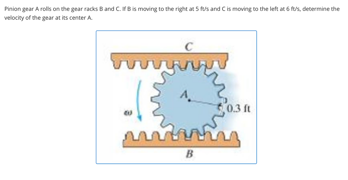 Pinion gear A rolls on the gear racks B and C. If B is moving to the right at 5 ft/s and C is moving to the left at 6 ft/s, determine the
velocity of the gear at its center A.
m
A
B
0.3 ft