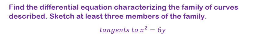 Find the differential equation characterizing the family of curves
described. Sketch at least three members of the family.
tangents to x² = 6y