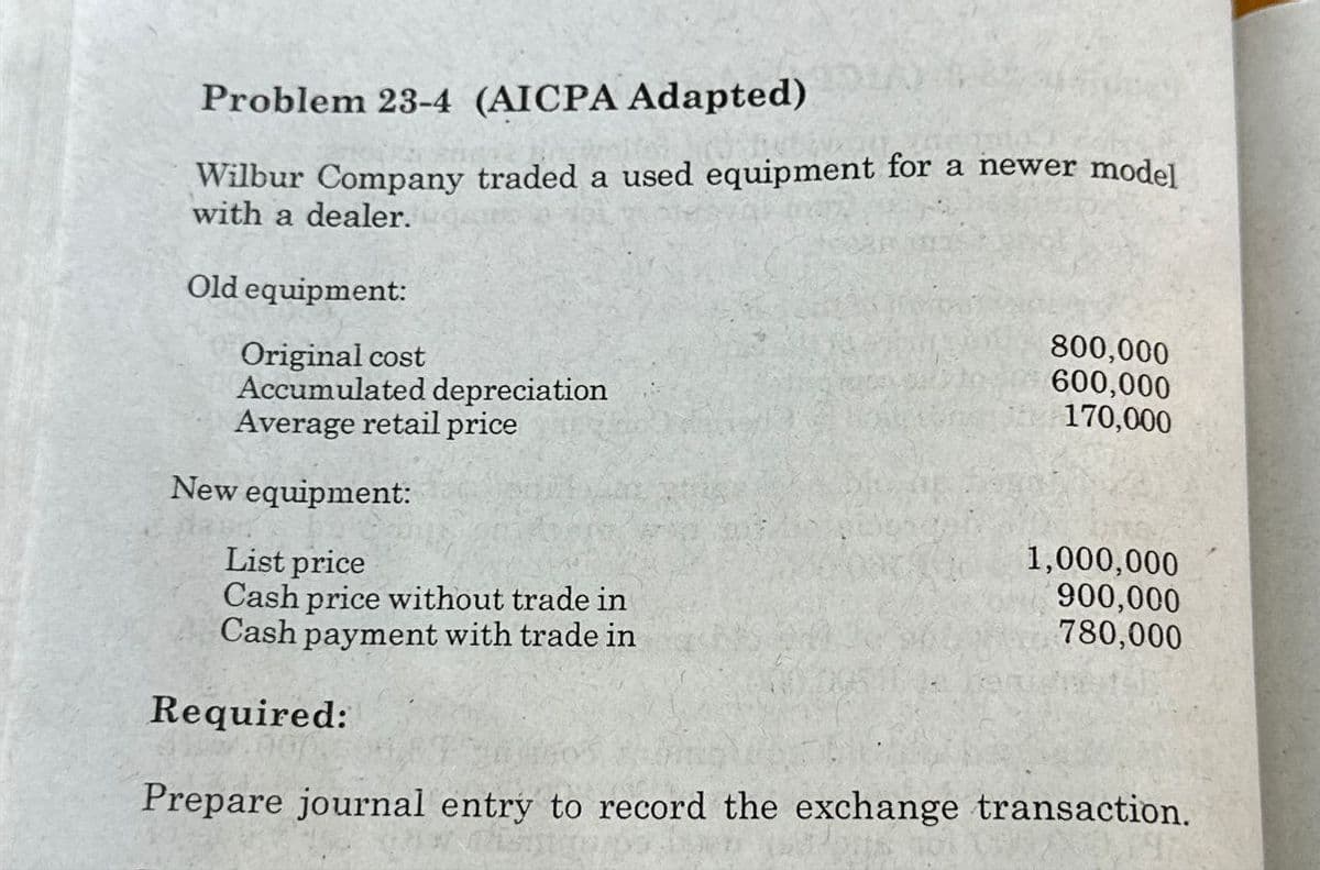 Problem 23-4 (AICPA Adapted)
Wilbur Company traded a used equipment for a newer model
with a dealer.
Old equipment:
Original cost
Accumulated depreciation
Average retail price
New equipment:
800,000
600,000
170,000
List price
Cash price without trade in
Cash payment with trade in
Required:
1,000,000
900,000
780,000
Prepare journal entry to record the exchange transaction.