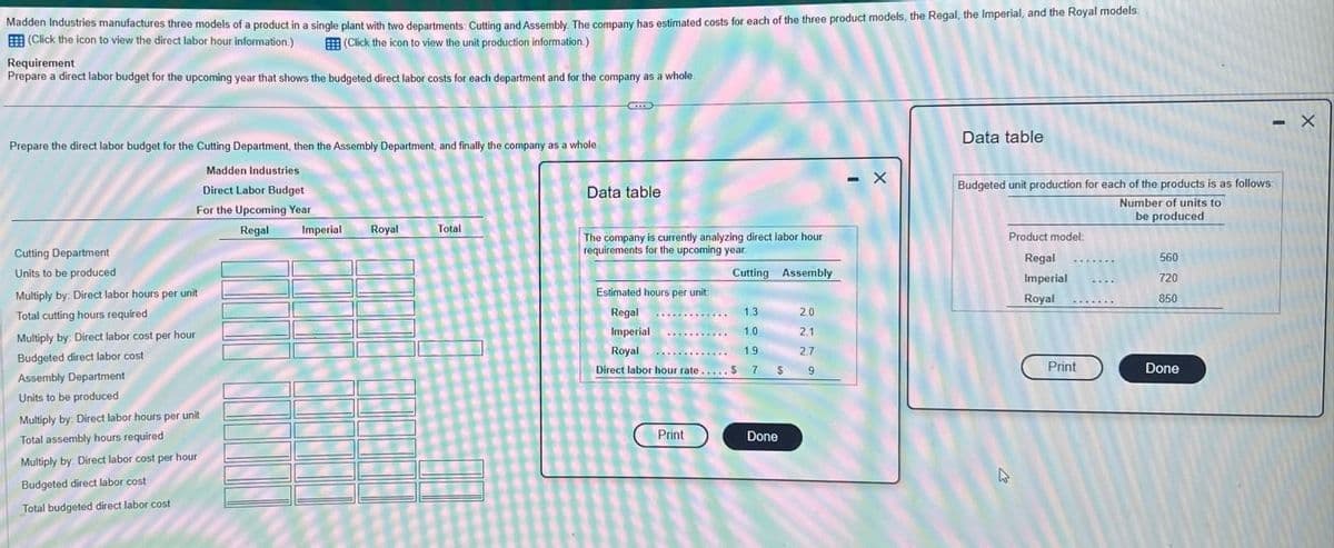 Madden Industries manufactures three models of a product in a single plant with two departments: Cutting and Assembly. The company has estimated costs for each of the three product models, the Regal, the Imperial, and the Royal models.
(Click the icon to view the direct labor hour information.) (Click the icon to view the unit production information.)
Requirement
Prepare a direct labor budget for the upcoming year that shows the budgeted direct labor costs for each department and for the company as a whole.
Prepare the direct labor budget for the Cutting Department, then the Assembly Department, and finally the company as a whole
Cutting Department
Data table
Madden Industries
Direct Labor Budget
For the Upcoming Year
Regal Imperial
Data table
Budgeted unit production for each of the products is as follows:
Number of units to
be produced
Royal
Total
The company is currently analyzing direct labor hour
requirements for the upcoming year.
Product model:
Regal
560
Cutting Assembly
Imperial
720
Estimated hours per unit
Royal
850
Regal
1.3
2.0
Imperial
1.0
2.1
Royal
1.9
2.7
Direct labor hour rate..
S
7 $
9
Print
Done
Units to be produced
Multiply by: Direct labor hours per unit
Total cutting hours required
Multiply by: Direct labor cost per hour
Budgeted direct labor cost
Assembly Department
Units to be produced
Multiply by: Direct labor hours per unit
Total assembly hours required
Multiply by: Direct labor cost per hour
Budgeted direct labor cost
Total budgeted direct labor cost
Print
Done
D
X