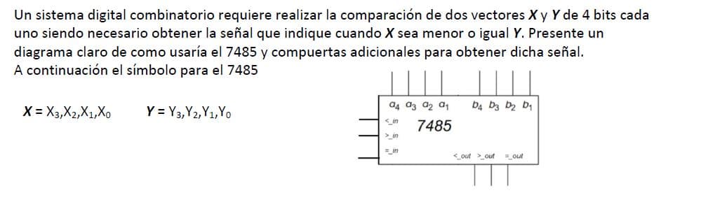 Un sistema digital combinatorio requiere realizar la comparación de dos vectores Xy Y de 4 bits cada
uno siendo necesario obtener la señal que indique cuando X sea menor o igual Y. Presente un
diagrama claro de como usaría el 7485 y compuertas adicionales para obtener dicha señal.
A continuación el símbolo para el 7485
X = X3, X2, X1, Xo
Y = Y3,Y2,Y1,Yo
a4 a3 a2 a1
<_in
> in
7485
=_in
D4 D3 D₂ D₁
<_out > _out =_out