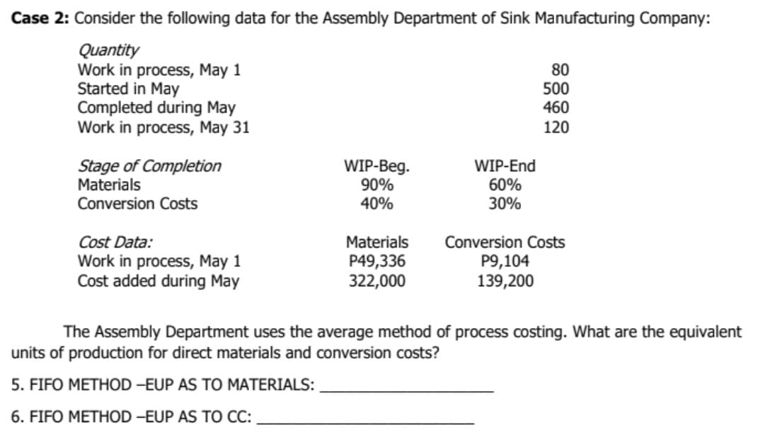 Case 2: Consider the following data for the Assembly Department of Sink Manufacturing Company:
Quantity
Work in process, May 1
Started in May
Completed during May
Work in process, May 31
80
500
460
120
Stage of Completion
Materials
WIP-Beg.
90%
40%
WIP-End
60%
30%
Conversion Costs
Cost Data:
Materials
P49,336
322,000
Conversion Costs
Work in process, May 1
Cost added during May
P9,104
139,200
The Assembly Department uses the average method of process costing. What are the equivalent
units of production for direct materials and conversion costs?
5. FIFO METHOD -EUP AS TO MATERIALS:
6. FIFO METHOD -EUP AS TO CC:
