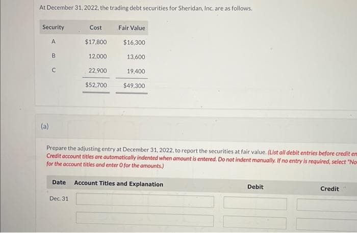 At December 31, 2022, the trading debt securities for Sheridan, Inc. are as follows.
Security
A
(a)
B
C
Cost
$17,800
12,000
Dec. 31
22,900
$52,700
Fair Value
$16,300
13,600
19,400
$49,300
Prepare the adjusting entry at December 31, 2022, to report the securities at fair value. (List all debit entries before credit er
Credit account titles are automatically indented when amount is entered. Do not indent manually. If no entry is required, select "No-
for the account titles and enter O for the amounts.)
Date Account Titles and Explanation
Debit
Credit