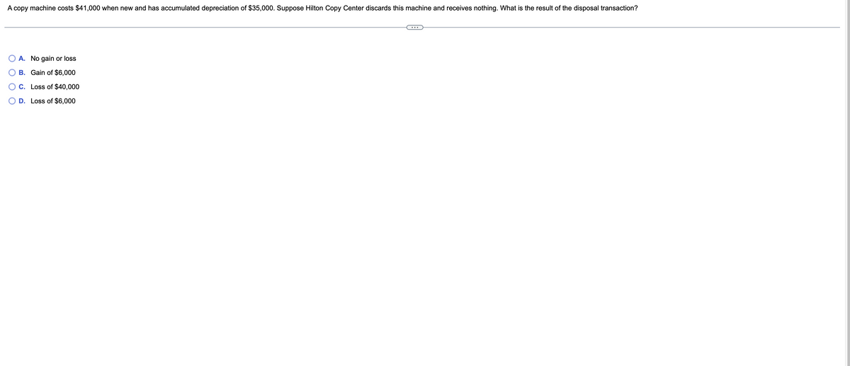 A copy machine costs $41,000 when new and has accumulated depreciation of $35,000. Suppose Hilton Copy Center discards this machine and receives nothing. What is the result of the disposal transaction?
A. No gain or loss
B. Gain of $6,000
C. Loss of $40,000
D. Loss of $6,000