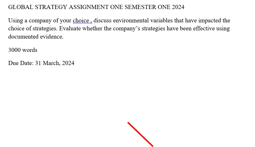 GLOBAL STRATEGY ASSIGNMENT ONE SEMESTER ONE 2024
Using a company of your choice, discuss environmental variables that have impacted the
choice of strategies. Evaluate whether the company's strategies have been effective using
documented evidence.
3000 words
Due Date: 31 March, 2024