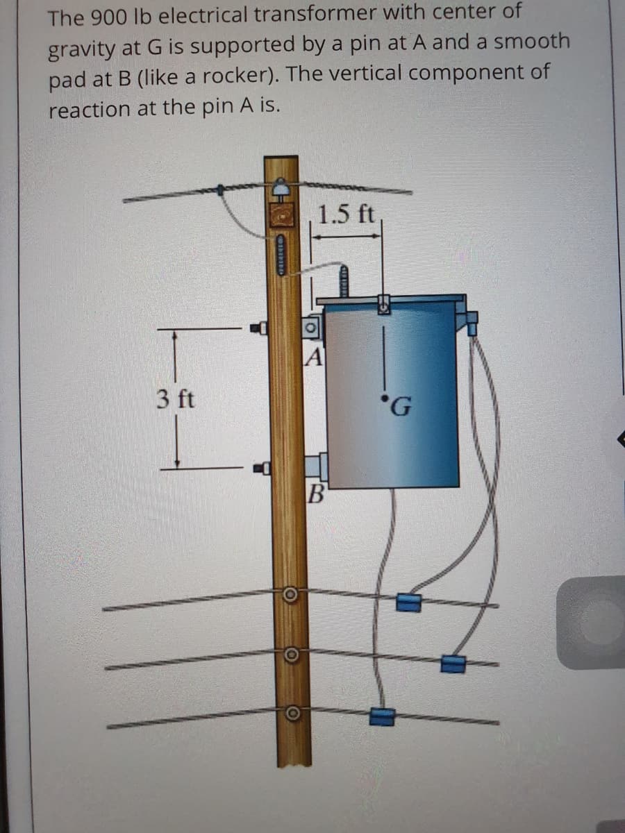 The 900 lb electrical transformer with center of
gravity at G is supported by a pin at A and a smooth
pad at B (like a rocker). The vertical component of
reaction at the pin A is.
1.5 ft
A
3 ft
°G
B
