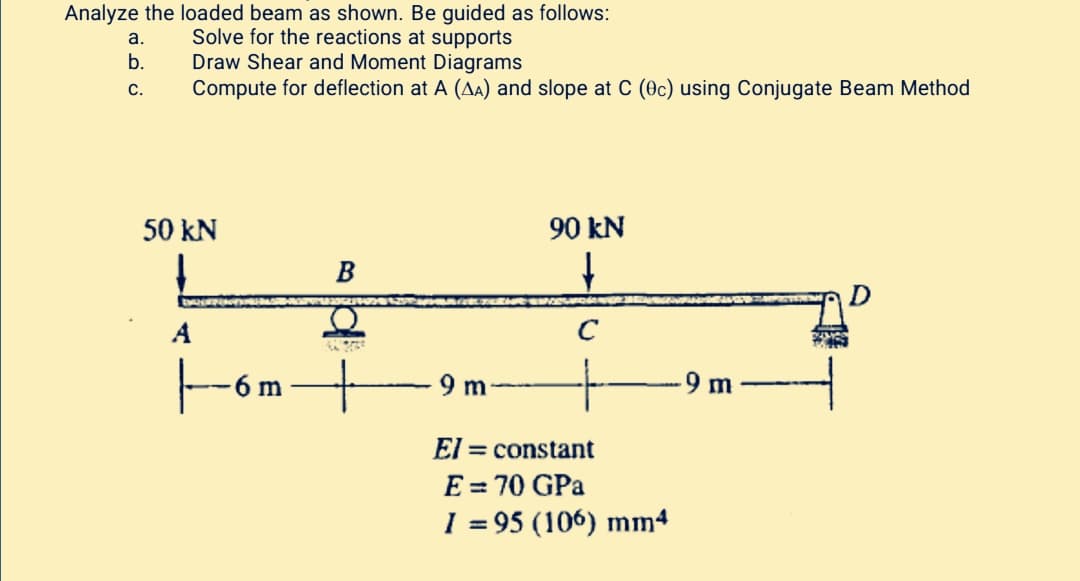 Analyze the loaded beam as shown. Be guided as follows:
Solve for the reactions at supports
Draw Shear and Moment Diagrams
Compute for deflection at A (AA) and slope at C (0c) using Conjugate Beam Method
a.
b.
С.
50 kN
90 kN
D
A
C
6 m
9 m
9 m
El = constant
E = 70 GPa
%3D
I = 95 (106) mm4
