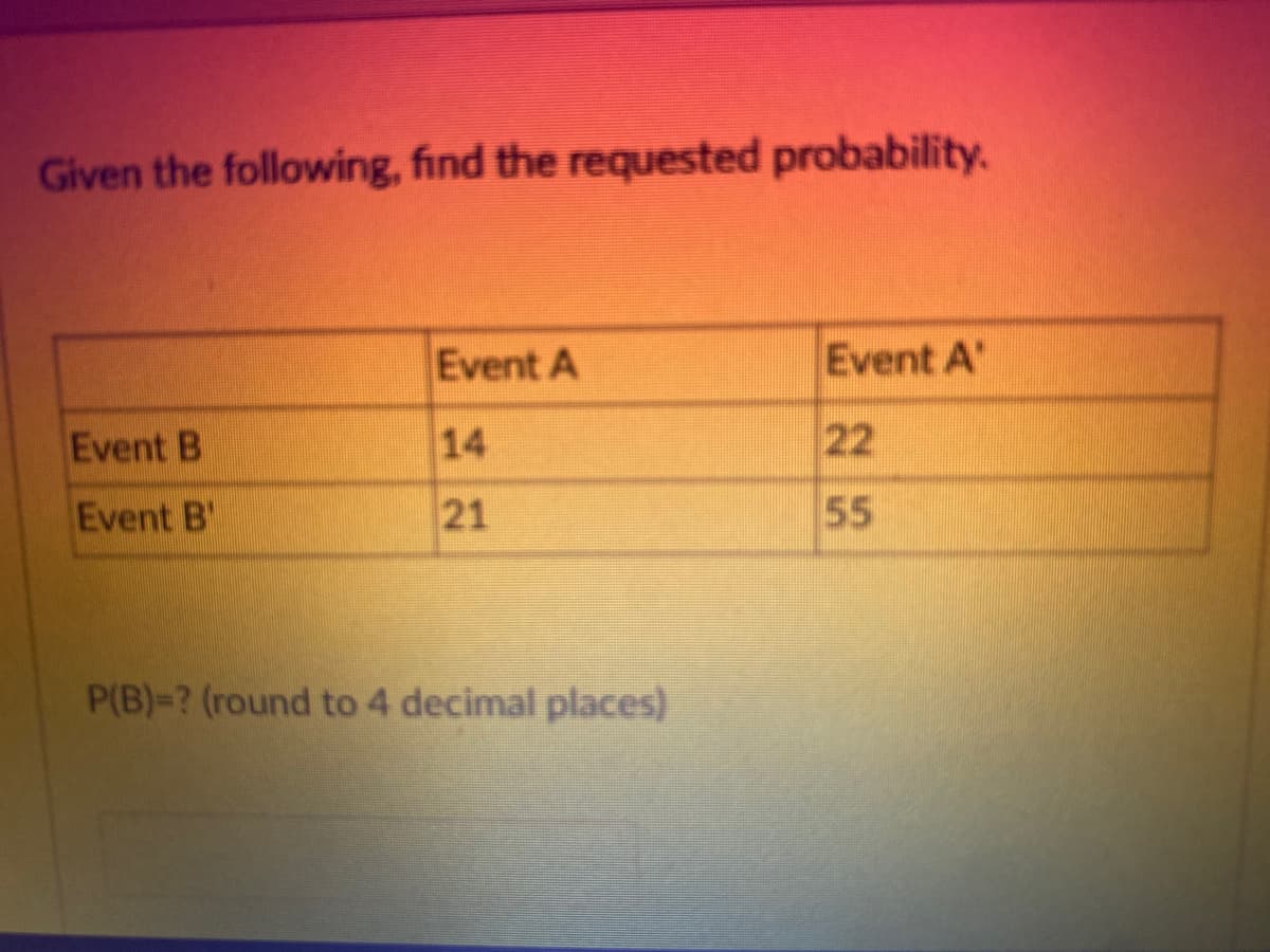 Given the following, find the requested probability.
Event B
Event B
Event A
21
P(B)-? (round to 4 decimal places)
Event A
22
55