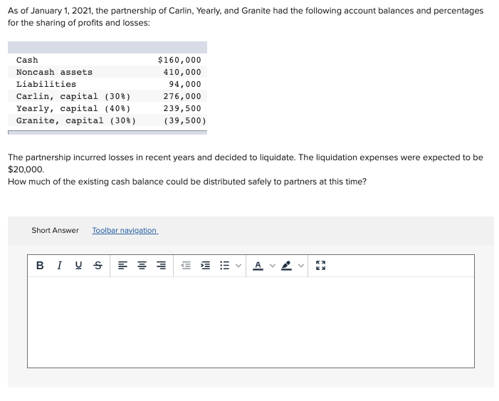 As of January 1, 2021, the partnership of Carlin, Yearly, and Granite had the following account balances and percentages
for the sharing of profits and losses:
Cash
$160,000
Noncash assets
410,000
Liabilities
94,000
Carlin, capital (30%)
Yearly, capital (40%)
Granite, capital (30%)
276,000
239,500
(39,500)
The partnership incurred losses in recent years and decided to liquidate. The liquidation expenses were expected to be
$20,000.
How much of the existing cash balance could be distributed safely to partners at this time?
Short Answer Toolbar navigation.
B I U S E : = E E E
>
