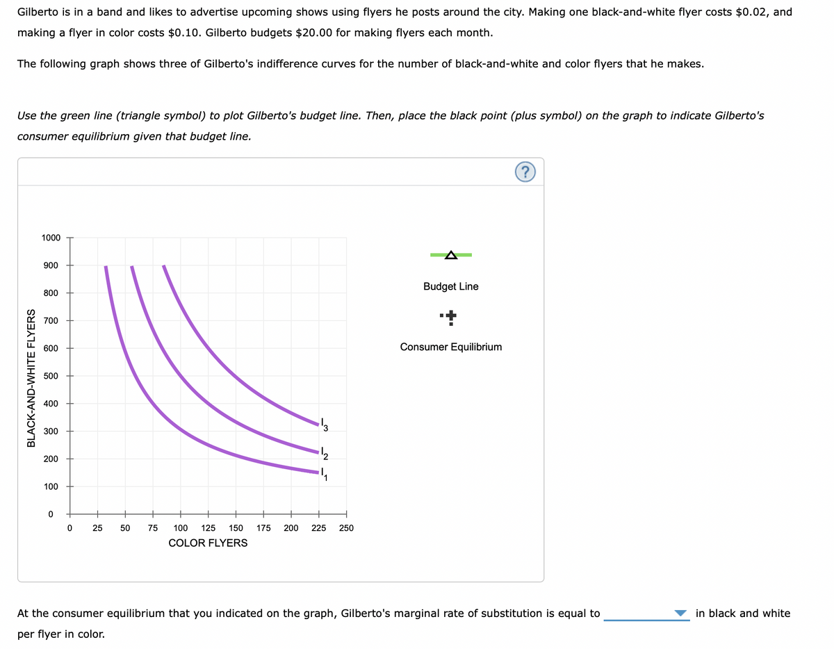 Gilberto is in a band and likes to advertise upcoming shows using flyers he posts around the city. Making one black-and-white flyer costs $0.02, and
making a flyer in color costs $0.10. Gilberto budgets $20.00 for making flyers each month.
The following graph shows three of Gilberto's indifference curves for the number of black-and-white and color flyers that he makes.
Use the green line (triangle symbol) to plot Gilberto's budget line. Then, place the black point (plus symbol) on the graph to indicate Gilberto's
consumer equilibrium given that budget line.
BLACK-AND-WHITE FLYERS
1000
900
800
700
600
500
400
300
200
100
0
0
25
50
75
+
100 125 150
COLOR FLYERS
1
175 200 225 250
Budget Line
++
Consumer Equilibrium
?
At the consumer equilibrium that you indicated on the graph, Gilberto's marginal rate of substitution is equal to
per flyer in color.
in black and white