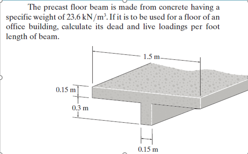 The precast floor beam is made from concrete having a
specific weight of 23.6 kN/m³. If it is to be used for a floor of an
office building, calculate its dead and live loadings per foot
length of beam.
1.5 m.
0.15 m
0.3 m
0.15 m
