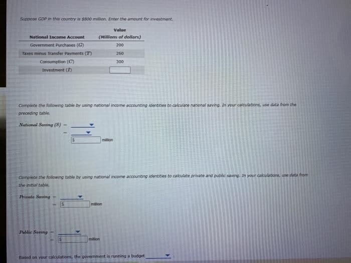 Suppose GDP in this country is $5800 million, Enter the amount for investment.
Value
National Income Account
(Millions of dollars)
Government Purchases (G)
200
Taxes minus Transfer Payments (T)
260
Consumption (C)
300
Investment (I)
Complete the following table by using national income accounting identities to calculare national saving. In vour calculations, use data from the
preceding table.
National Saving (S)
million
Complete the following table by using national income accounting identities to calcutate private and public saving. In your calculations, use data from
the initial table,
Private Saving-
malion
Public Saving
milion
Based on your calculations, the government is running a budget
