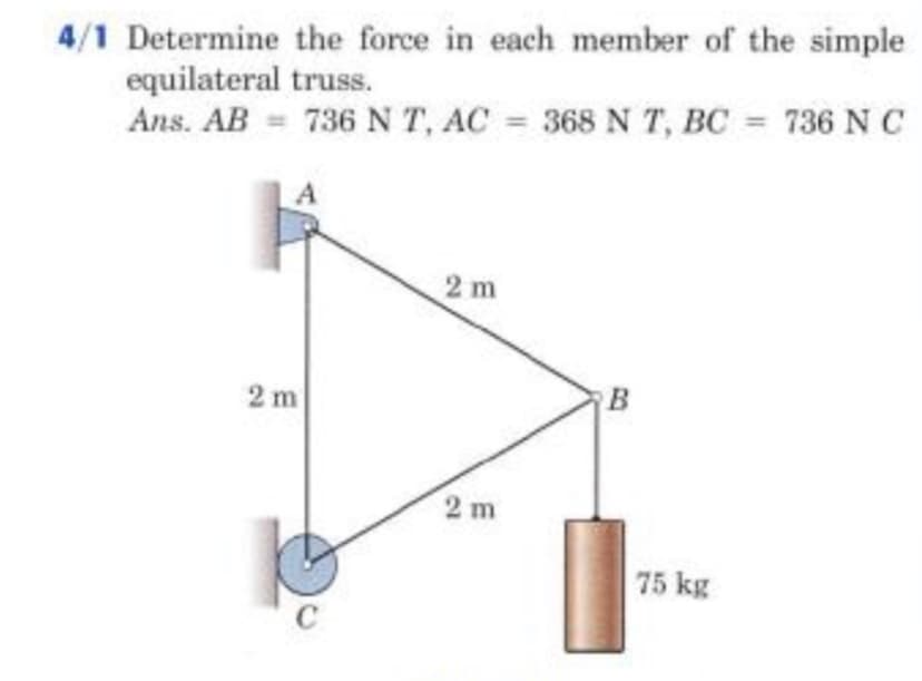 4/1 Determine the force in each member of the simple
equilateral truss.
Ans. AB 736 NT, AC 368 N T, BC = 736 N C
2 m
2 m
2 m
75 kg
