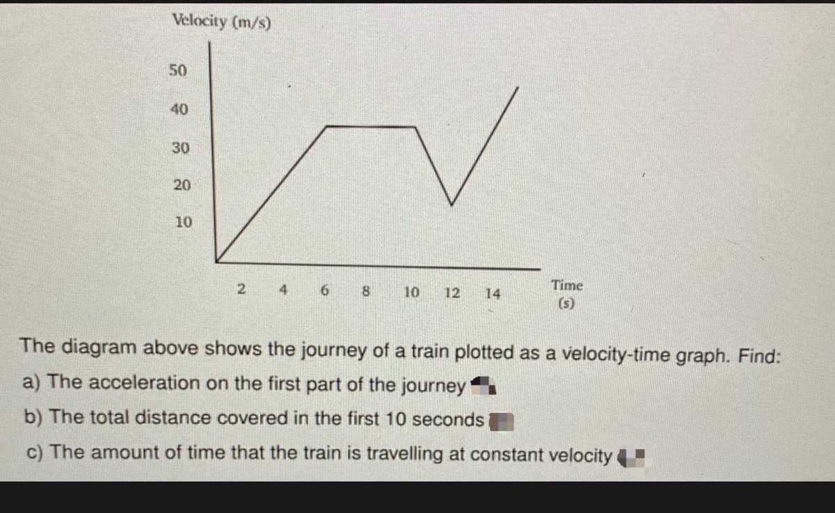 Velocity (m/s)
50
40
30
20
10
Time
8.
10
12
14
(s)
The diagram above shows the journey of a train plotted as a velocity-time graph. Find:
a) The acceleration on the first part of the journey
b) The total distance covered in the first 10 seconds
c) The amount of time that the train is travelling at constant velocity
