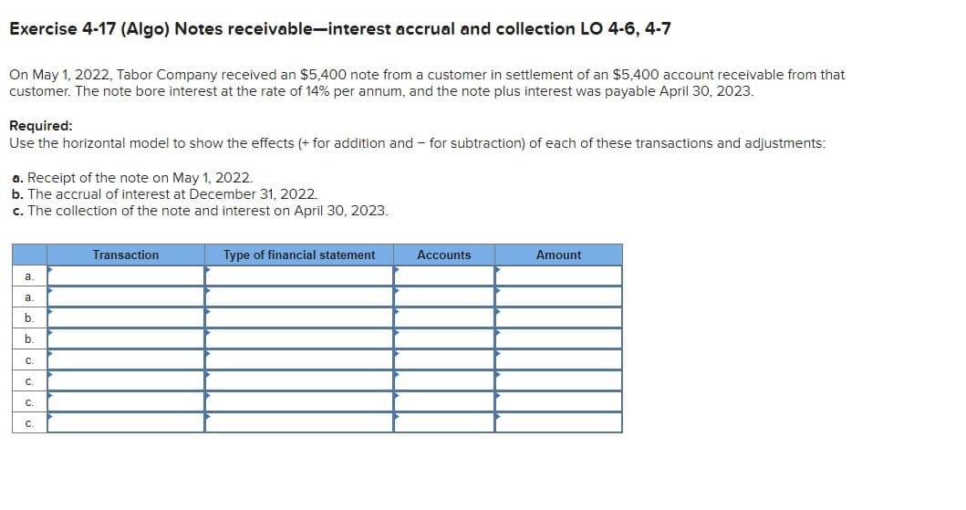 Exercise 4-17 (Algo) Notes receivable-interest accrual and collection LO 4-6, 4-7
On May 1, 2022, Tabor Company received an $5,400 note from a customer in settlement of an $5,400 account receivable from that
customer. The note bore interest at the rate of 14% per annum, and the note plus interest was payable April 30, 2023.
Required:
Use the horizontal model to show the effects (+ for addition and - for subtraction) of each of these transactions and adjustments:
a. Receipt of the note on May 1, 2022.
b. The accrual of interest at December 31, 2022.
c. The collection of the note and interest on April 30, 2023.
b.
نه
نه
نه
نه
نه
نه
نه
C.
Transaction
Type of financial statement
Accounts
Amount