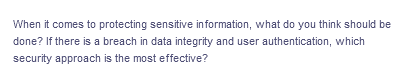 When it comes to protecting sensitive information, what do you think should be
done? If there is a breach in data integrity and user authentication, which
security approach is the most effective?