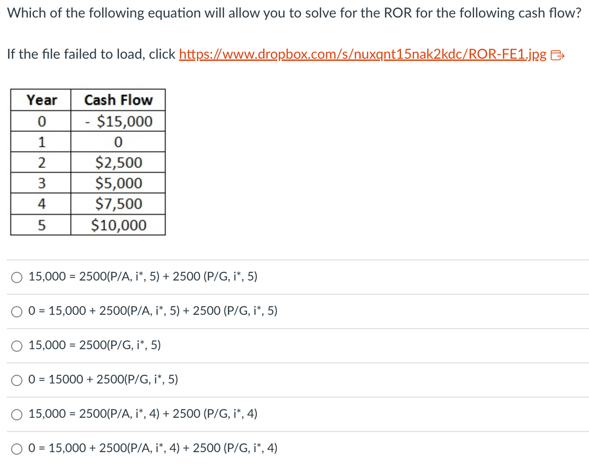 Which of the following equation will allow you to solve for the ROR for the following cash flow?
If the file failed to load, click https://www.dropbox.com/s/nuxqnt15nak2kdc/ROR-FE1.jpg ⇒
Year
0
Cash Flow
- $15,000
1
0
2
$2,500
3
$5,000
4
$7,500
5
$10,000
15,000 2500(P/A, i*, 5) + 2500 (P/G, i*, 5)
0 = 15,000+2500(P/A, i*, 5) + 2500 (P/G, i*, 5)
15,000 = 2500(P/G, i*, 5)
015000+2500(P/G, i*, 5)
15,000 = 2500(P/A, i*, 4) + 2500 (P/G, i*, 4)
0 = 15,000 + 2500(P/A, i*, 4) + 2500 (P/G, i*, 4)