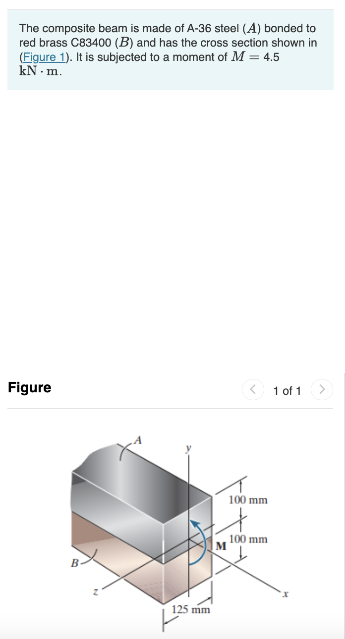 The composite beam is made of A-36 steel (A) bonded to
red brass C83400 (B) and has the cross section shown in
(Figure 1). It is subjected to a moment of M = 4.5
kN.m.
Figure
1 of 1
125 mm
| 1251
100 mm
M
100 mm