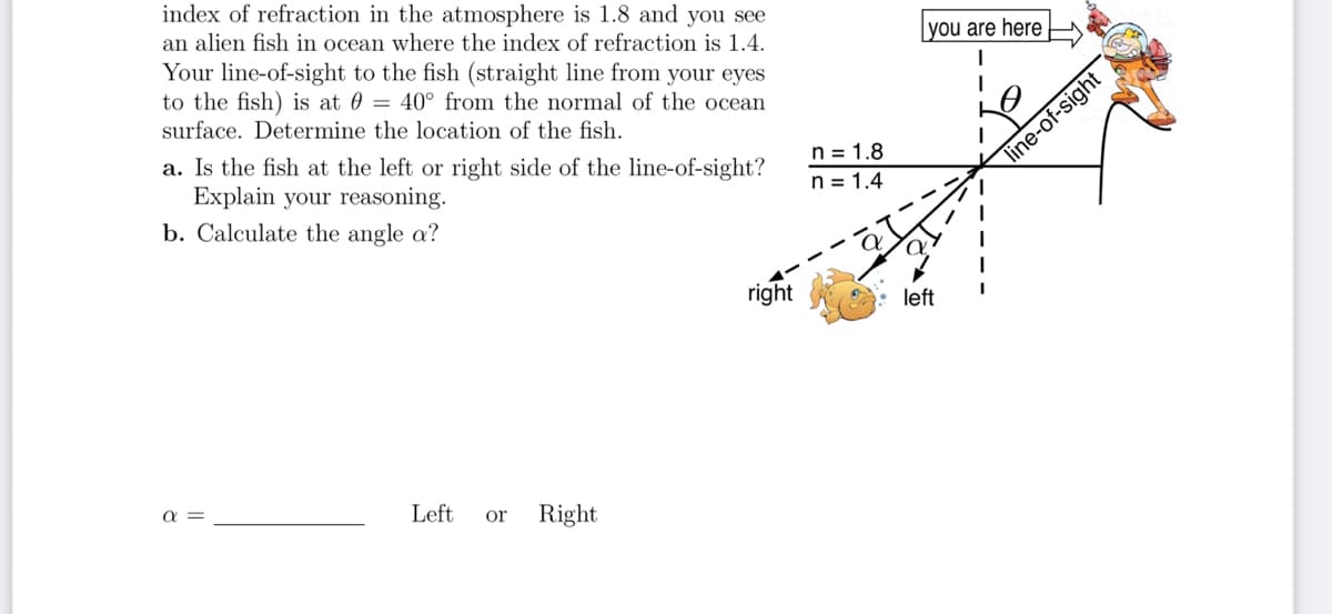 index of refraction in the atmosphere is 1.8 and you see
an alien fish in ocean where the index of refraction is 1.4.
Your line-of-sight to the fish (straight line from your eyes
to the fish) is at 0 = 40° from the normal of the ocean
you are here E
surface. Determine the location of the fish.
a. Is the fish at the left or right side of the line-of-sight?
Explain your reasoning.
b. Calculate the angle a?
n = 1.8
n = 1.4
line-of-sight
right
left
a =
Left
Right
or
