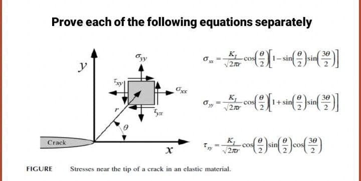 Prove each of the following equations separately
30
0x
-
270
([1-sin() sin(³9)]
y
Exy|
Oxx
30
cos
1+ sin sin
270
30
K cos() sin() cos(32)
K₁
x
2.70
Stresses near the tip of a crack in an elastic material.
Crack
FIGURE
COS