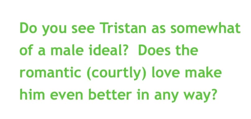 Do you see Tristan as somewhat
of a male ideal? Does the
romantic (courtly) love make
him even better in any way?