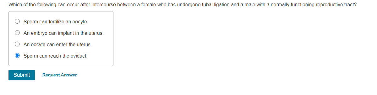 Which of the following can occur after intercourse between a female who has undergone tubal ligation and a male with a normally functioning reproductive tract?
Sperm can fertilize an oocyte.
An embryo can implant in the uterus.
An oocyte can enter the uterus.
Sperm can reach the oviduct.
Submit
Request Answer
