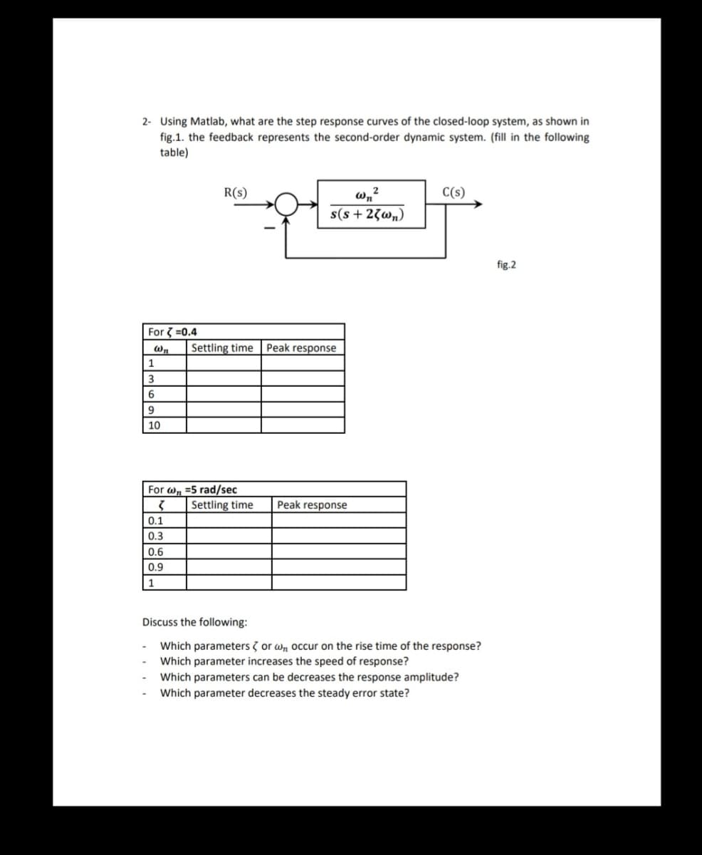 2- Using Matlab, what are the step response curves of the closed-loop system, as shown in
fig.1. the feedback represents the second-order dynamic system. (fill in the following
table)
For=0.4
Wn
1
3
6
9
10
R(S)
0.1
0.3
0.6
0.9
1
For w 5 rad/sec
3
Settling time Peak response
2
Wn
s(s+23wn)
Settling time
Peak response
C(s)
Discuss the follow
Which parameters or w occur on the rise time of the response?
Which parameter increases the speed of response?
Which parameters can be decreases the response amplitude?
Which parameter decreases the steady error state?
fig.2