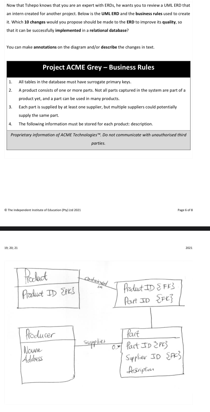 Now that Tshepo knows that you are an expert with ERDS, he wants you to review a UML ERD that
an intern created for another project. Below is the UML ERD and the business rules used to create
it. Which 10 changes would you propose should be made to the ERD to improve its quality, so
that it can be successfully implemented in a relational database?
You can make annotations on the diagram and/or describe the changes in text.
Project ACME Grey – Business Rules
1.
All tables in the database must have surrogate primary keys.
2.
A product consists of one or more parts. Not all parts captured in the system are part of a
product yet, and a part can be used in many products.
3.
Each part is supplied by at least one supplier, but multiple suppliers could potentially
supply the same part.
4.
The following information must be stored for each product: description.
Proprietary information of ACME Technologies™. Do not communicate with unauthorised third
parties.
© The Independent Institute of Education (Pty) Ltd 2021
Page 6 of 8
19; 20; 21
2021
Reduct
cantained
Product ID E FK3
Part ID {Ft}
in
Praduct ID EPES
foducer
Part
supples
Noune
Address
0. Part ID EPE3
Sipplier ID {AC}
Desriptian
