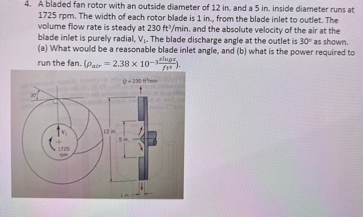 4. A bladed fan rotor with an outside diameter of 12 in. and a 5 in. inside diameter runs at
1725 rpm. The width of each rotor blade is 1 in., from the blade inlet to outlet. The
volume flow rate is steady at 230 ft/min. and the absolute velocity of the air at the
blade inlet is purely radial, V₁. The blade discharge angle at the outlet is 30° as shown.
(a) What would be a reasonable blade inlet angle, and (b) what is the power required to
run the fan. (Pair = 2.38 × 10-3slugs
ft3
309
1725
rpm
12 in.
Q-230 ft/min