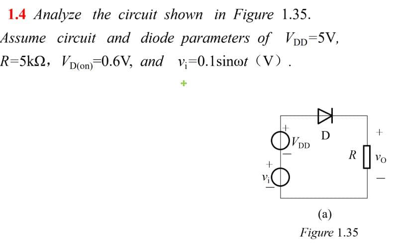 1.4 Analyze the circuit shown in Figure 1.35.
Assume circuit and diode parameters of VDD=5V,
R=5kN, VDon0.6V, and v=0.1sinot (V).
VDD
R
vo
(a)
Figure 1.35

