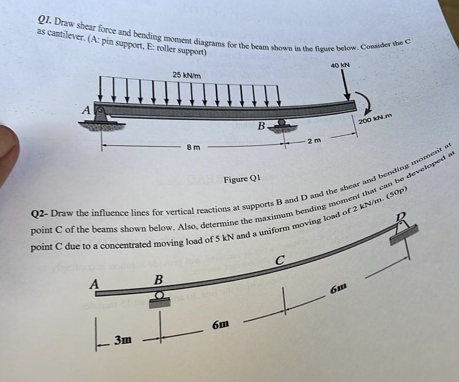 as cantilever. (A: pin support, E: roller support)
Q1. Draw shear force and bending moment diagrams for the beam shown in the figure below. Consider the C
A
A
L
3m
25 kN/m
B
8m
B
Figure Q1
point C of the beams shown below. Also, determine the maximum bending moment that can be developed at
Q2- Draw the influence lines for vertical reactions at supports B and D and the shear and bending moment at
point C due to a concentrated moving load of 5 kN and a uniform moving load of 2 kN/m. (50p)
6m
-2 m
C
40 KN
200 kN.m
6m