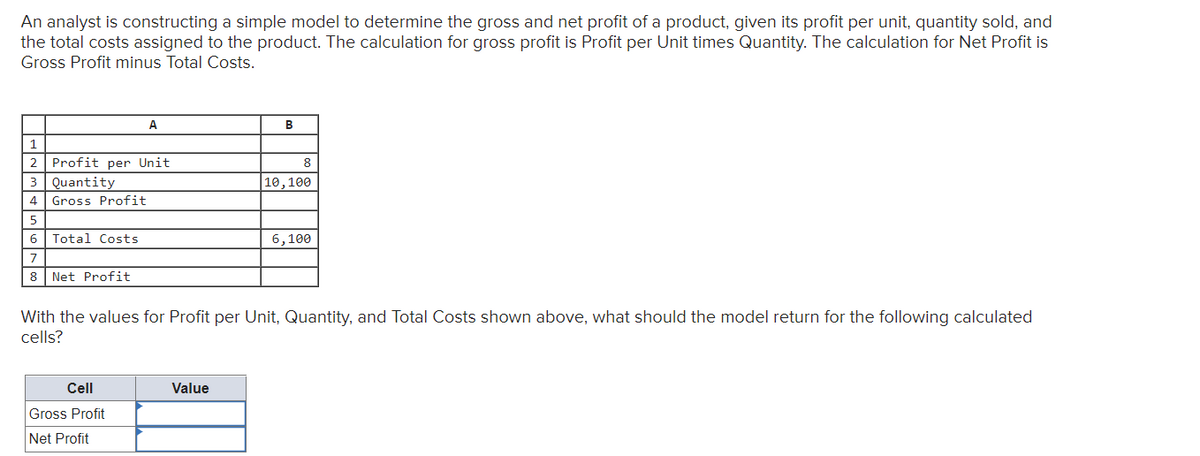 An analyst is constructing a simple model to determine the gross and net profit of a product, given its profit per unit, quantity sold, and
the total costs assigned to the product. The calculation for gross profit is Profit per Unit times Quantity. The calculation for Net Profit is
Gross Profit minus Total Costs.
A
B
1.
2 Profit per Unit
8
3 Quantity
|10,100
4
Gross Profit
5
6 Total Costs
6,100
7
8
Net Profit
With the values for Profit per Unit, Quantity, and Total Costs shown above, what should the model return for the following calculated
cells?
Cell
Value
Gross Profit
Net Profit
