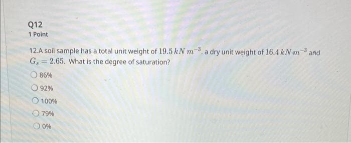 Q12
1 Point
12.A soil sample has a total unit weight of 19.5 kN m 3. a dry unit weight of 16.4 kNm3 and
G, 2.65. What is the degree of saturation?
86%
92%
100%
79%
0%