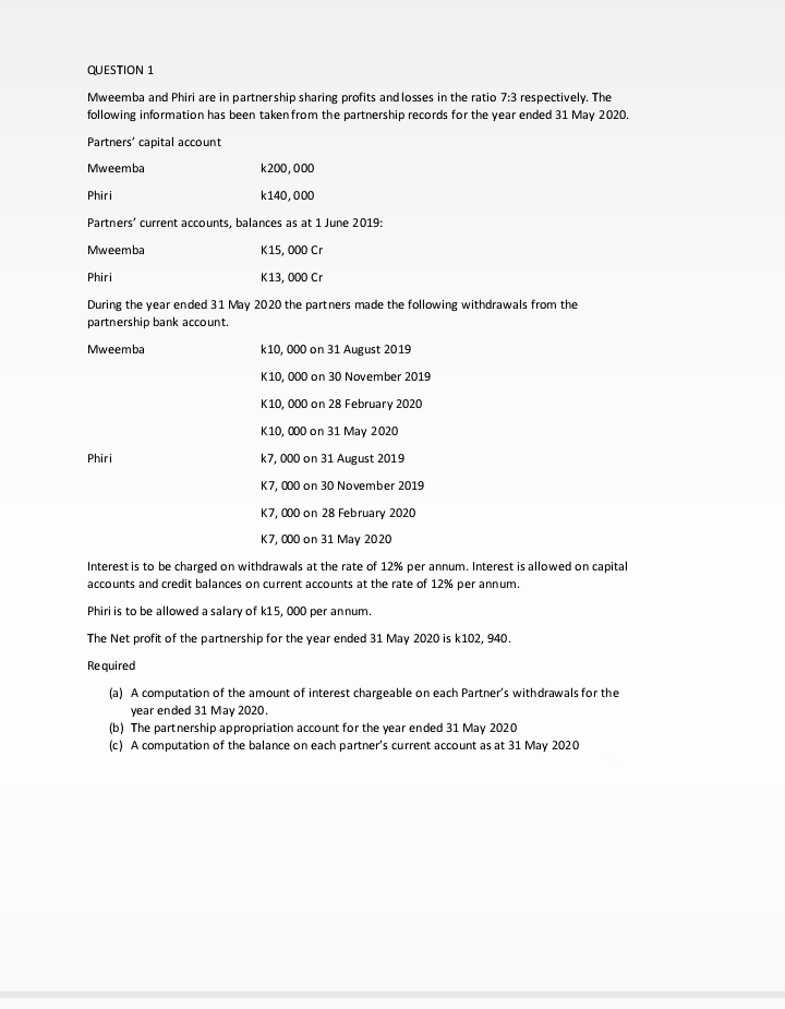 QUESTION 1
Mweemba and Phiri are in partnership sharing profits and losses in the ratio 7:3 respectively. The
following information has been taken from the partnership records for the year ended 31 May 2020.
Partners' capital account
Mweemba
k200,000
Phiri
k140,000
Partners' current accounts, balances as at 1 June 2019:
Mweemba
K15, 000 Cr
Phiri
K13, 000 Cr
During the year ended 31 May 2020 the partners made the following withdrawals from the
partnership bank account.
Mweemba
Phiri
k10, 000 on 31 August 2019
K10, 000 on 30 November 2019
K10, 000 on 28 February 2020
K10, 000 on 31 May 2020
k7, 000 on 31 August 2019
K7,000 on 30 November 2019
K7,000 on 28 February 2020
K7,000 on 31 May 2020
Interest is to be charged on withdrawals at the rate of 12% per annum. Interest is allowed on capital
accounts and credit balances on current accounts at the rate of 12% per annum.
Phiri is to be allowed a salary of k15, 000 per annum.
The Net profit of the partnership for the year ended 31 May 2020 is k102, 940.
Required
(a) A computation of the amount of interest chargeable on each Partner's withdrawals for the
year ended 31 May 2020.
(b) The partnership appropriation account for the year ended 31 May 2020
(c) A computation of the balance on each partner's current account as at 31 May 2020