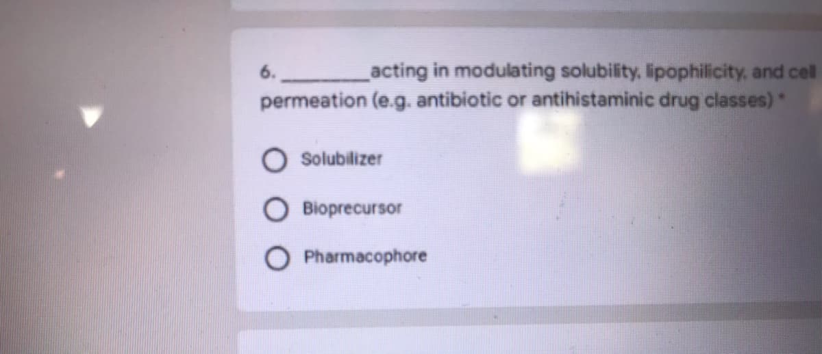 acting in modulating solubility. lipophilicity, and cell
permeation (e.g. antibiotic or antihistaminic drug classes)*
Solubilizer
Bioprecursor
O Pharmacophore
