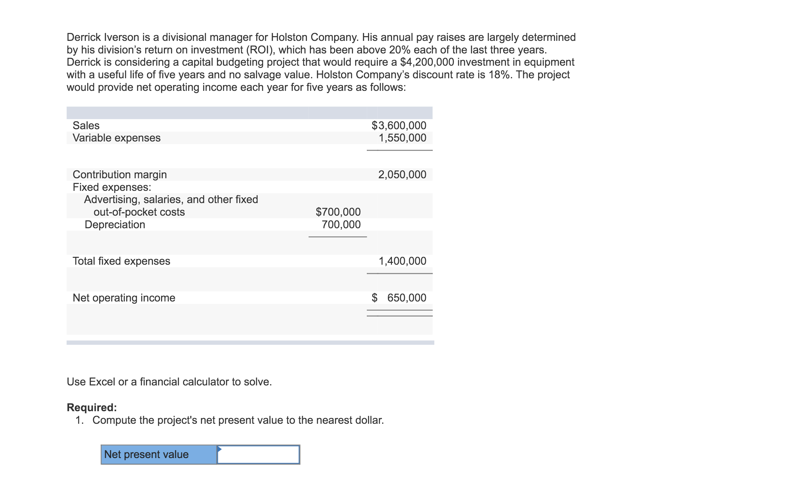 Derrick Iverson is a divisional manager for Holston Company. His annual pay raises are largely determined
by his division's return on investment (ROI), which has been above 20% each of the last three years.
Derrick is considering a capital budgeting project that would require a $4,200,000 investment in equipment
with a useful life of five years and no salvage value. Holston Company's discount rate is 18%. The project
would provide net operating income each year for five years as follows:
$3,600,000
1,550,000
Sales
Variable expenses
Contribution margin
Fixed expenses:
Advertising, salaries, and other fixed
out-of-pocket costs
Depreciation
2,050,000
$700,000
700,000
Total fixed expenses
1,400,000
Net operating income
$ 650,000
