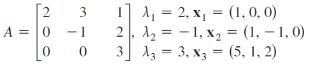 [2
A = | 0
1] 1, = 2, x, = (1, 0, 0)
2, 12 = – 1, x2 = (1, – 1, 0)
3] 13 = 3, x3 = (5, 1, 2)
3
- 1
|
