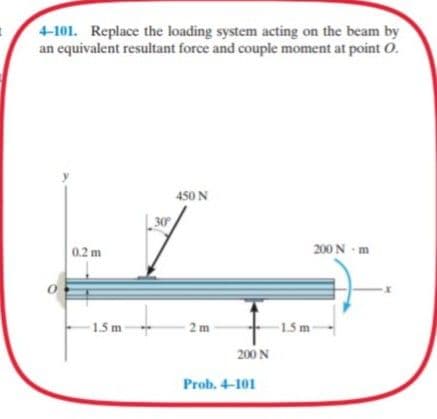 4-101. Replace the loading system acting on the beam by
an equivalent resultant force and couple moment at point O.
450 N
30
0.2 m
200 N -m
1.5 m-
2m
-15m-
200 N
Prob. 4-101
