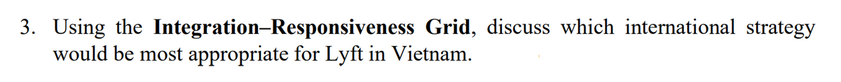 3. Using the Integration-Responsiveness Grid, discuss which international strategy
would be most appropriate for Lyft in Vietnam.