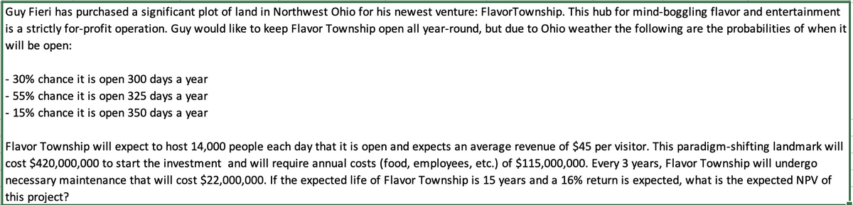 Guy Fieri has purchased a significant plot of land in Northwest Ohio for his newest venture: FlavorTownship. This hub for mind-boggling flavor and entertainment
is a strictly for-profit operation. Guy would like to keep Flavor Township open all year-round, but due to Ohio weather the following are the probabilities of when it
will be open:
|- 30% chance it is open 300 days a year
|- 55% chance it is open 325 days a year
|- 15% chance it is open 350 days a year
Flavor Township will expect to host 14,000 people each day that it is open and expects an average revenue of $45 per visitor. This paradigm-shifting landmark will
cost $420,000,000 to start the investment and will require annual costs (food, employees, etc.) of $115,000,000. Every 3 years, Flavor Township will undergo
necessary maintenance that will cost $22,000,000. If the expected life of Flavor Township is 15 years and a 16% return is expected, what is the expected NPV of
this project?
